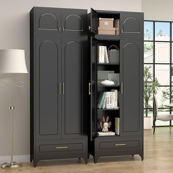 Kitchen Pantry Cabinet，90" Storage Cabinets with Doors and Shelves,Metal Pantry Cabinet with Drawers,White Kitchen Cupboard for Livingroom,Pantry, Bathroom