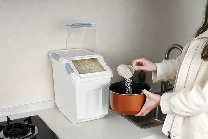 EonTone Pack-2 Large Sealed Bulk Rice Storage Container 15 Liters (30 lbs) with Lockable Lid Wheels and Measuring Cup BPA-Free Food Dispenser