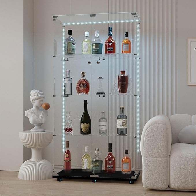 Glass Display Cabinet with LED Light Strip, 4 Shelves with 2 Doors, Glass Top Curio Storage Cabinets with Lock & Caster for Living Room,Floor Standing Bookshelf, Quick Installation - Black