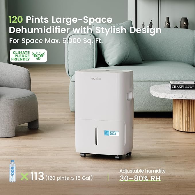Waykar 120 Pints Energy Star Dehumidifier for Spaces up to 6,000 Sq. Ft at Home, in Basements and Large Rooms with Drain Hose and 1.14 Gallons Water Tank