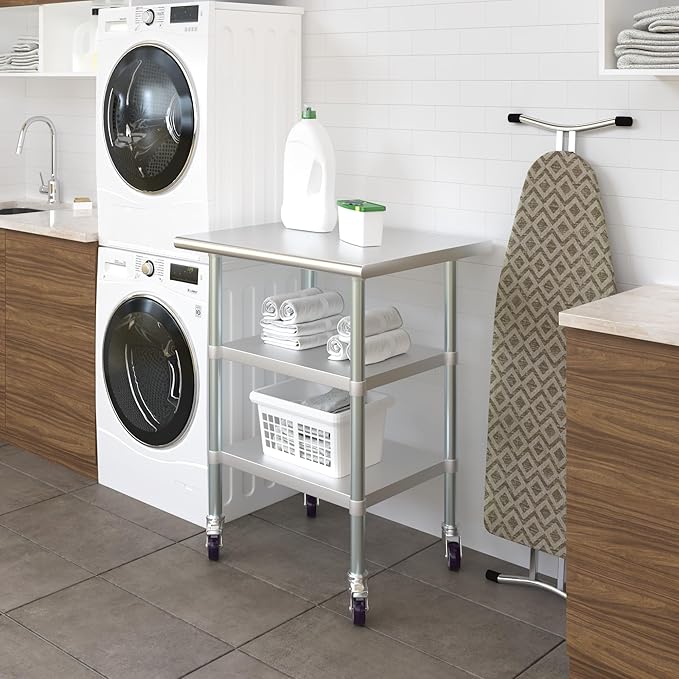 AmGood Stainless Steel Work Table with 2 Shelves and Casters | Metal Utility Table On Wheels (Stainless Steel Work Table with 2 Shelves + Casters, 30" Long x 24" Deep)