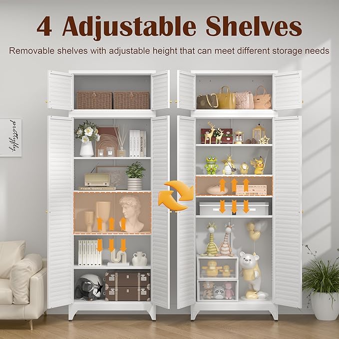 Kitchen Pantry Cabinet,90" Metal Storage Cabinet with Doors and 4 Adjustable Shelves,White Tall Locker Organizer Steel Garage Cabinets for Tool,File Cabinet for Office,Kitchen,Garage,School