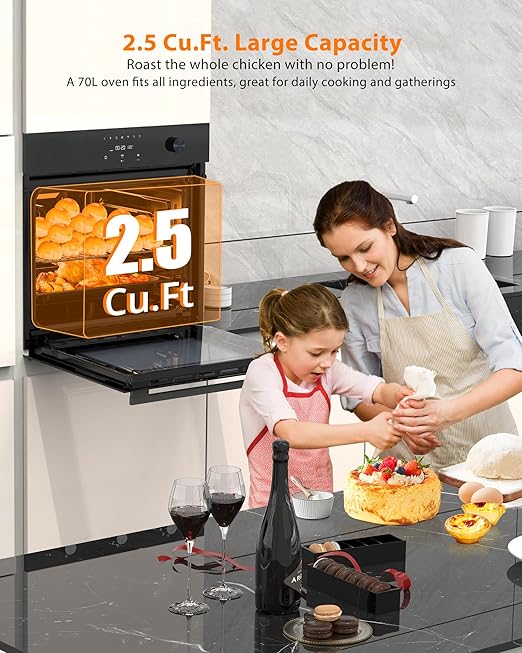 24 Inch Built-in Electric Single Wall Oven, 2.5 Cu.ft Convection Oven with 8 Cooking Functions, 500℉ Max Temperature, Stainless Steel Touch Control Oven, 3-Layer Tempered Glass Door