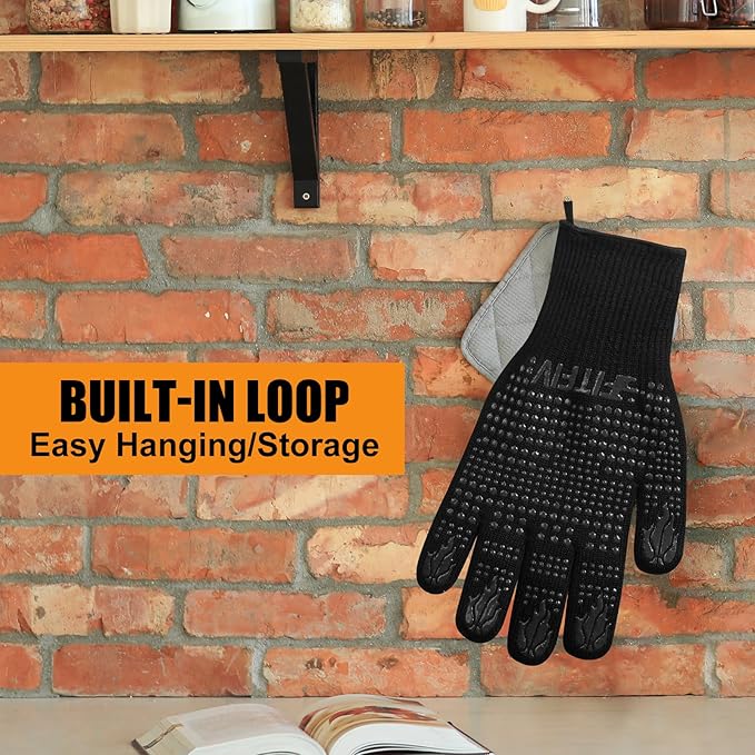 BBQ Gloves, Oven Gloves, 1472°F Extreme Heat Resistant Barbecue Gloves, Silicone Non-Slip Oven Mitts, Kitchen for Cooking, Grilling, and Baking (Black)