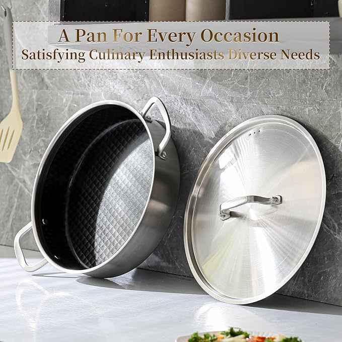 DELARLO Tri-Ply Stainless Steel Braiser Pan with Lid 5 Quart Nonstick Induction Rondeau Cooking Pot 12inch Deep Frying Pan Large Saute Pan Heavy Duty,Dishwasher and Oven Safe to 550℉