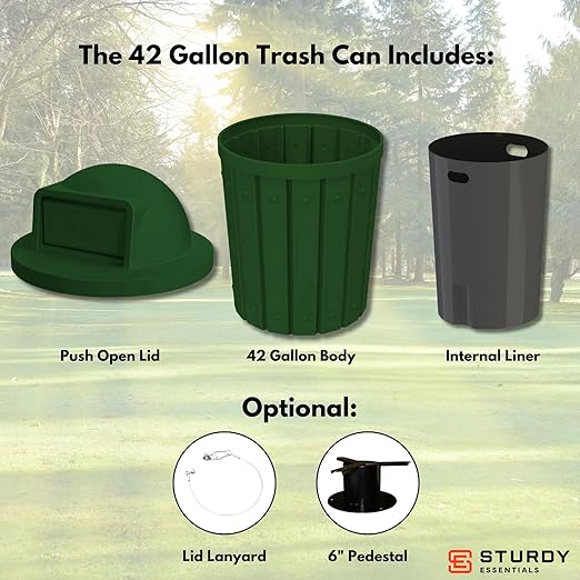 Campus Collection 42 Gallon Slatted Round Heavy-Duty Commercial Outdoor and Indoor Trash Can with Push Open Dome Lid and Internal Liner | Great for Schools and Businesses - Green