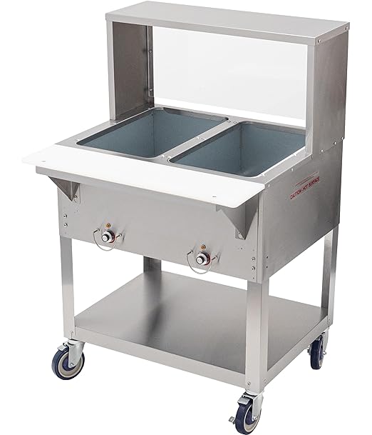 Kratos Commercial Mobile Electric Steam Table/Hot Food Table with Overshelf and Sneeze Guard, 2 Wells, Stainless Steel, NSF, 120V (28W-201)