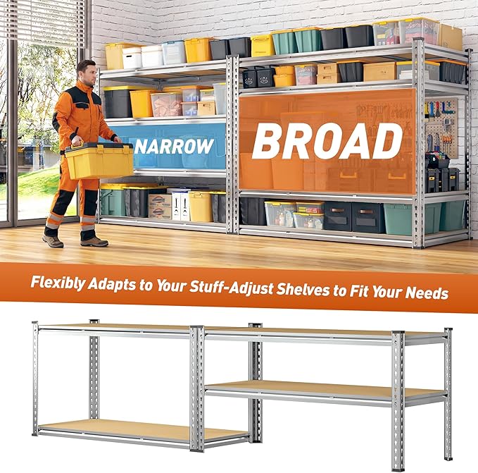 Garage Shelving Load 2600LBS, 4-Tier Storage Shelves, Adjustable Garage Shelves, Shelving Units and Storage, Metal Shelf for Kitchen, Pantry, Warehouse, 48" W x 60 "H x 24.1" D, Galvanized