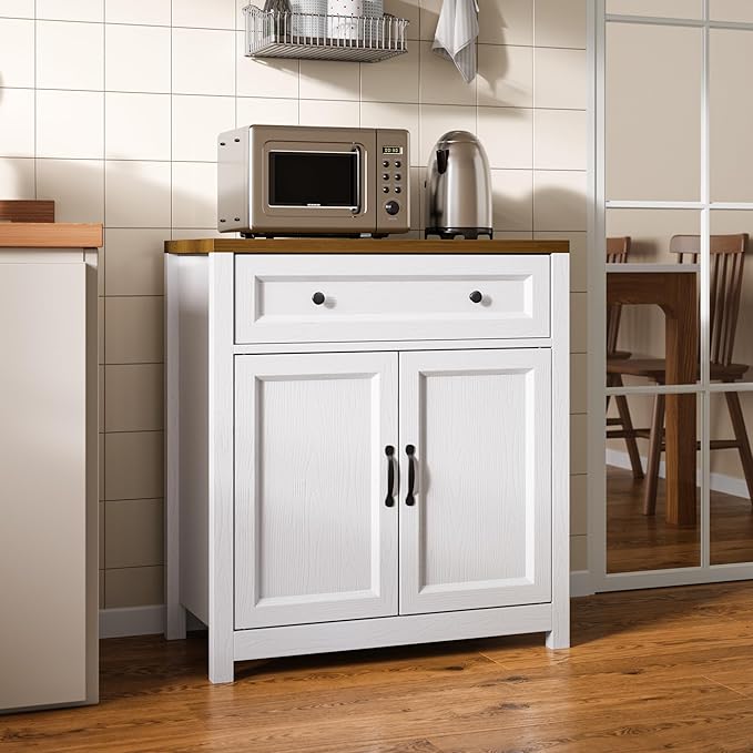 Gizoon Kitchen Storage Cabinet with Adjustable Shelf, Farmhouse Coffee Bar Sideboard Buffet with Large Drawer, Barn Door, 30"W x 15.6"D x 33.3"H Freestanding Cabinet for Kitchen, Living Room, Entryway
