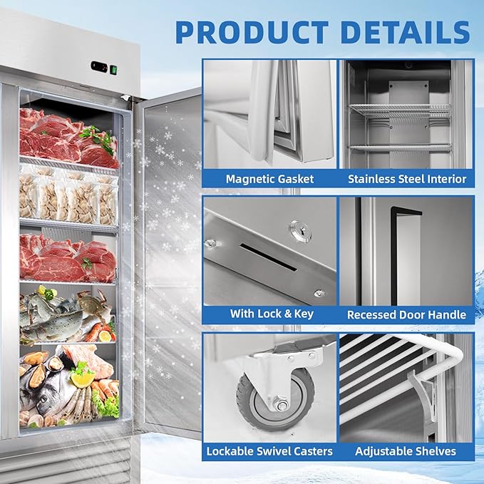 54"W 2 Door Commercial Freezer, 49 Cu.ft Stainless Steel Reach-in Upright Fan Cooling Freezer for Restaurant Bar Shop, etc