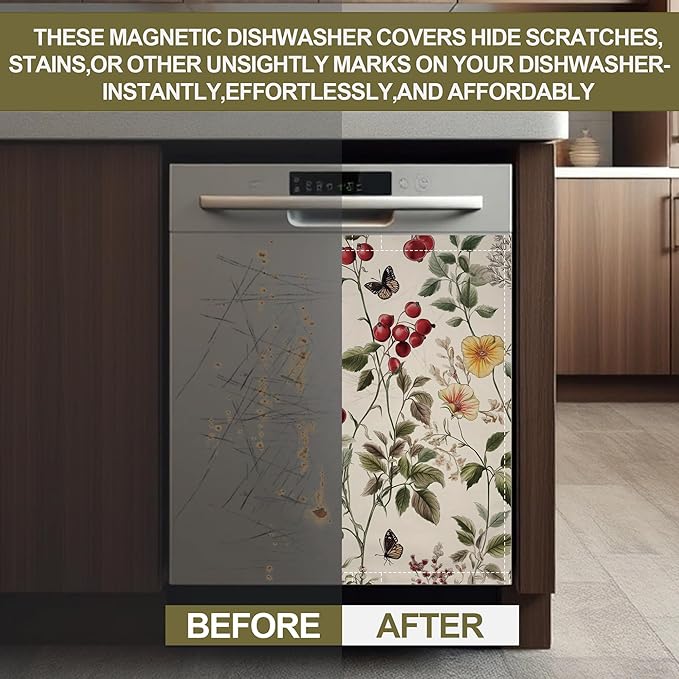Magnetic Dishwasher Cover,Vintage Flower Reusable Dishwasher Magnetic Cover Butterfly Berry Decorative Door Covers Panel for Home Kitcen 23" x 26"