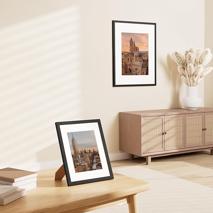 Vittanly 8.5x11 Picture Frame Set of 2, Solid Wood Frame for Wall or Tabletop, Display Photo 6x8 with Mat or 8.5x11 without Mat, Black