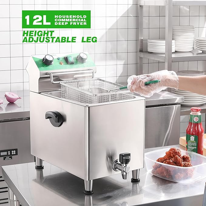 Deep Fryer with Basket and Lid Commercial Fryers with Oil Filtration and Timer 12L/12.7QT Electric Countertop Fryer Stainless Steel Single Tank Fryer for Home and Reastaurant Use 110V 1750W