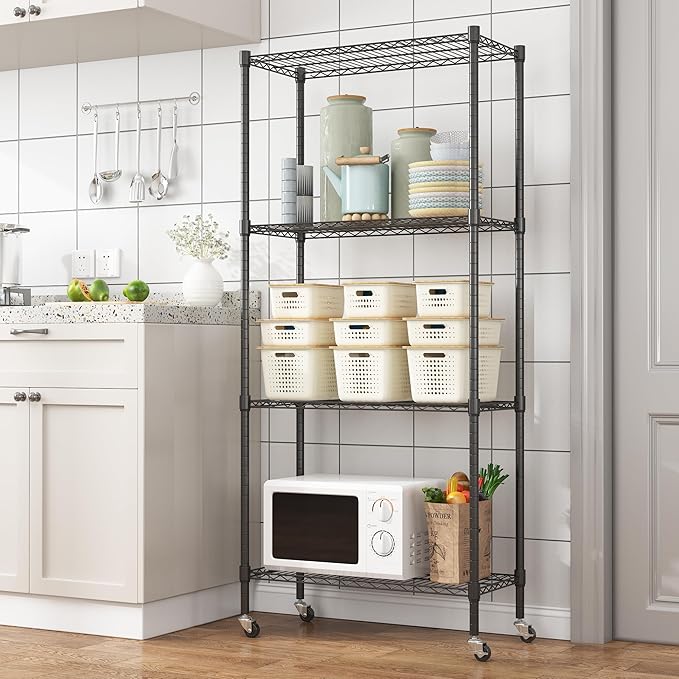 Homdox Heavy Duty 4-Tier Metal Shelving Unit with Adjustable Shelves, Rolling Storage Rack for Kitchen, Garage, Pantry, 29.92"x13.98"x74.41", Black