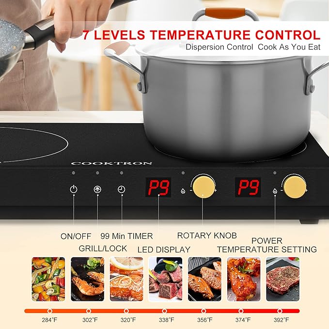 Portable Induction Cooktop 2 Burner with Removable Iron Cast Griddle Pan Non-stick, 1800W Double Induction Cooktop with Child Safety Lock & Time, Great for Family Party
