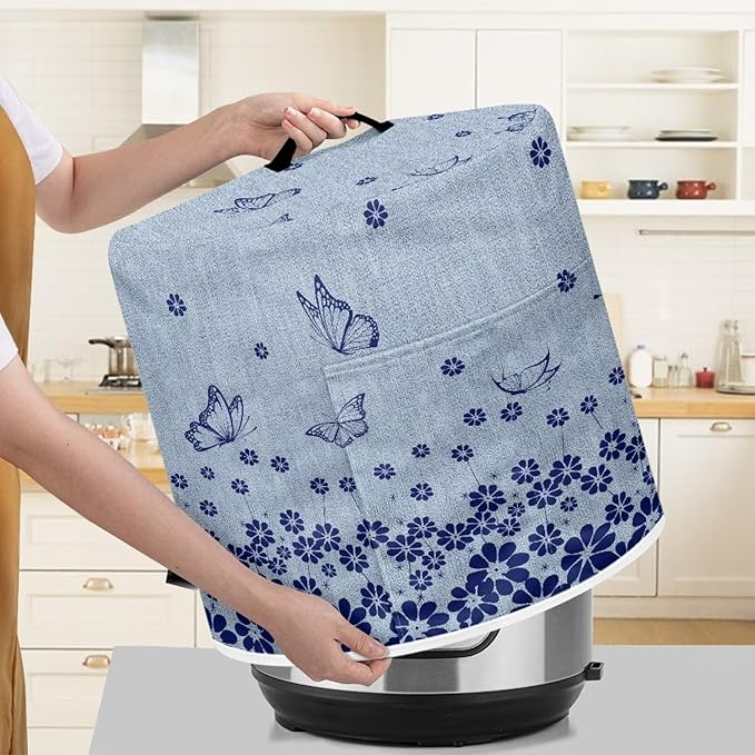TODIYADDU Blue Floral Butterfly Pressure Cooker Cover with Handle Fashion Kitchen Appliance Dust Covers for Instant Pot Portable Air Fryer Dust Cover Round Protective Cover Bag Trendy Home Decor