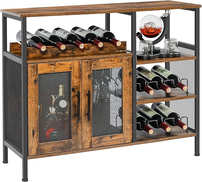 X-cosrack Wine Bar Rack Cabinet with Detachable Wine Rack, Coffee Bar Cabinet with Glass Holder, Small Sideboard and Buffet Cabinet with Mesh Door, Rustic Brown, Large