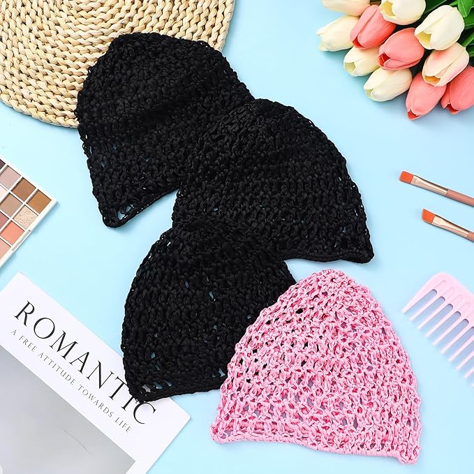 Geyoga 4 Pieces Mesh Crochet Hair Net Rayon Knit Snood Hat Thick Short Women Hairnet Snoods Cover Ornament for Sleeping (Pink,Black)