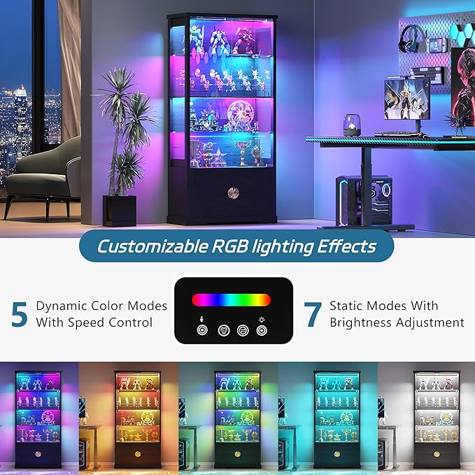 RGB Glass Display Cabinet with Door, 4-Tier Curio Cabinet with 2 Drawers and Adjustable Glass Height Showcase, Display Case with 3 LED Light and Human Body Sensor, Black