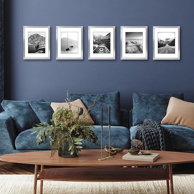 Americanflat 11x14 Picture Frame with Polished Plexiglass - Set of 5 - Use as 8x10 Frame with Mat or Display 11x14 Photo Without Mat - Galleria Collection - Picture Frames for Wall Display - Silver