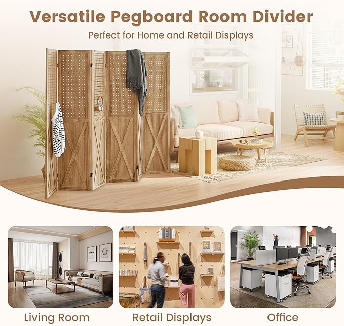6 Panel Pegboard Room Divider, 5.6Ft Pegboard Display Folding Privacy Screens, Wood Room Divider Peg Board Display Freestanding for Trade Show Craft Show Home Wall Organizer, Light Brown
