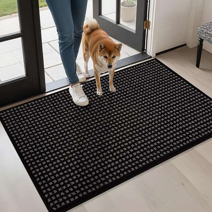 hicorfe Dirt Trapper Indoor Doormat,24"x35" Welcome Door mat,Non Slip Backing Washable Door Mats,Absorbent and Resistant Low-Profile Entrance Inside Floor Mat for Front Back Door and Entryway (Black)