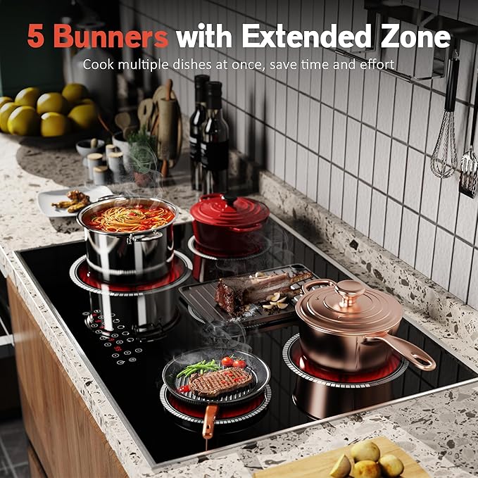 30 Inch Electric Cooktop, 5 Burner Electric Stove Top Touch Control, 8400W Built-in Ceramic Stovetop Burner 30" with Expandable Zone, Child Lock, Timer, Overheat Alert, 220-240v Hardwired