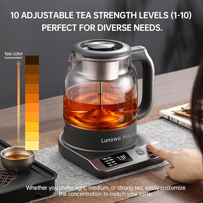 Rufus Titanium & Glass Electric Tea Kettle Tea Maker - Pro Steam Extraction, 11 Temp & 10 Strength Levels, Dry Boil Protection, 12H Auto Warm, 1.2L 600W 120V, BPA-Free with 1 Infusers
