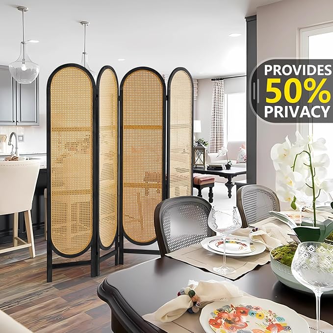 4 Panel Room Divider, Hand-Woven Rattan Room Divider Screen, Folding Privacy Screens with Double Hinges, Wooden Freestanding Wall Divider for Room Separation Bedroom Home Office - Black
