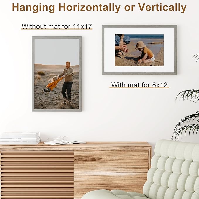 Vittanly 11x17 Picture Frame, Solid Wood Frame with Plexiglass, Includes 8x12 Mat, Wall Hanging for Photos, Home Decor, Grey, 1 Pack