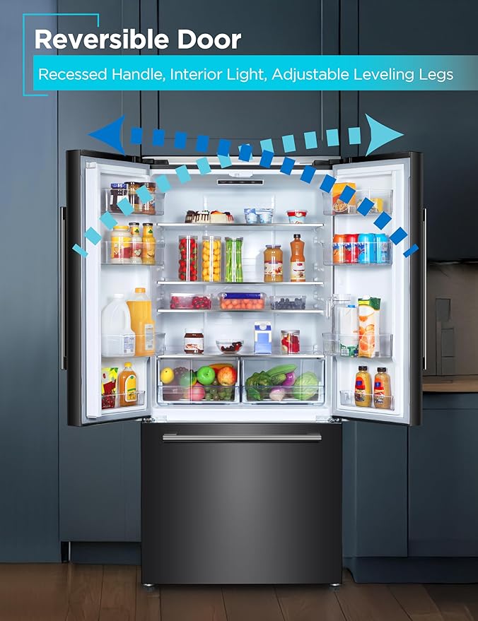 BLACK+DECKER 18 Cu. Ft. French Door Refrigerator with Built-in Ice Maker, Full Size Refrigerator with Bottom Mount Freezer Drawer, Frost Free, ENERGY STAR certified, BRF1800GIMB, Black