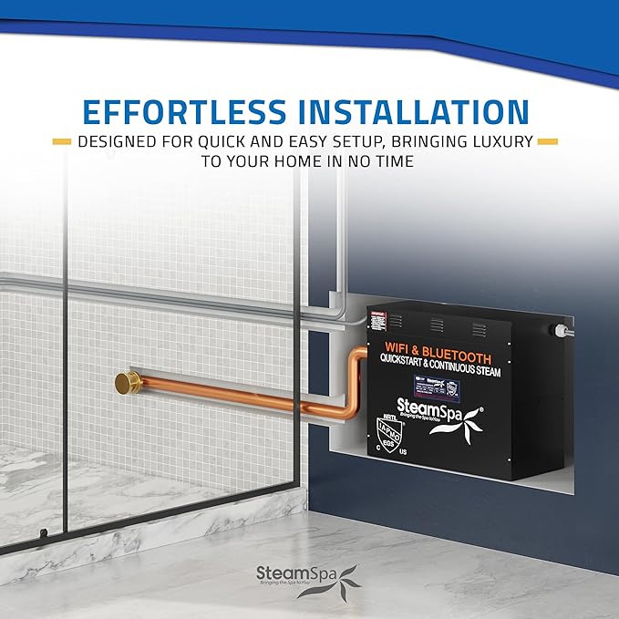 SteamSpa Steam System 18kW Steam Shower Generator with Bluetooth Wifi, Quickstart Continous Steam, Advanced Touch Pad Screen, Chroma Lights, Drain Pan and Auto Drain Brushed Nickel RVBS1800BN-A