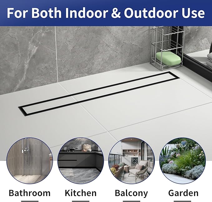Linear Shower Drain 24", Matte Black Floor Drain with Tiled Insert Grate & Hair Strainer, 304 Stainless Steel Bathroom 2-in-1 Tiled in Drain, CUPC Certified (Matte Black, 24'')