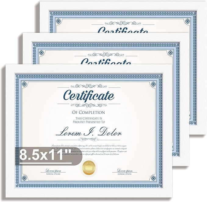 8.5x11 Diploma Frame with Tempered Glass, Multi Certificate 8.5 by 11 Photo Frame Bulk for Wall or Tabletop Display(White, 3 Pack)