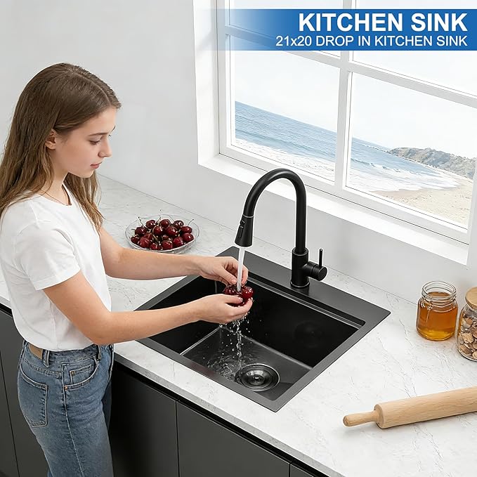 Scamall 21x20x10 Drop In Kitchen Sink Workstation, Nano Black 304 Stainless Steel Deep Single Bowl with Quick Drainage & Tarnish-Free Surface for Bar, Laundry, RV, Includes Accessories