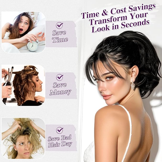BARSDAR Claw Clip Short Human Hair Ponytail Extension with Bendable Metals - DIY Styles 8 Inch Real Human Hair Messy Bun Hairpieces for Women - Thick Natural Short Black Ponytail Daily Wear