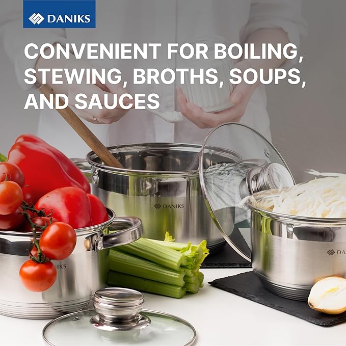 Daniks Standard 3 Quart Stainless Steel Stock Pot with Glass Lid, Try-Ply Bottom for Even Heating, Induction Compatible, Dishwasher Safe, Built-In Measuring Scale, Silver
