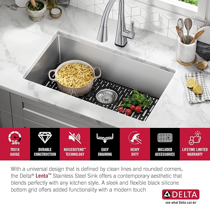 DELTA FAUCET Delta Lenta 30-inch Undermount 16 Gauge Stainless Steel Single Bowl Kitchen Sink with Accessories, 953034-30S-SS, Satin