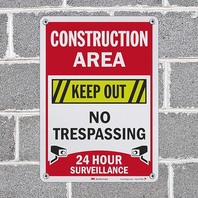 SmartSign “Construction Area - Keep Out, No Trespassing, 24 Hour Surveillance” Sign | 10" x 14" 3M Engineer Grade Reflective Aluminum, Made in USA