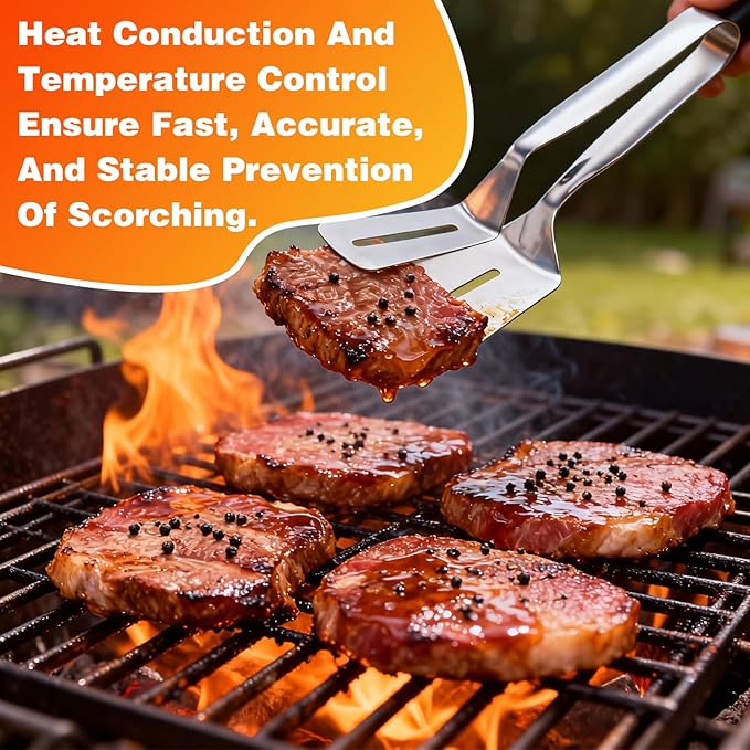 2PCS Stainless Steel Grill Clamp, Anti-Scald Extended Handle Spatula Tong, Steel Double-Sided Shovel Clip For Grilling Meat, Fish And Pancakes (B)