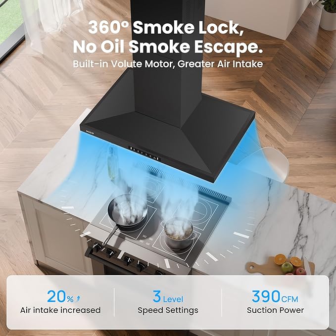 Island Range Hood 36 Inch, 390 CFM kitchen Hood with Dual-Sided Touch/Gesture Control, Ceiling Mount Kitchen Vent Hood, Convertible Ducted/Ductless, 3-Speed Fan&4 LED Lights, 3 Baffle Filters, Black