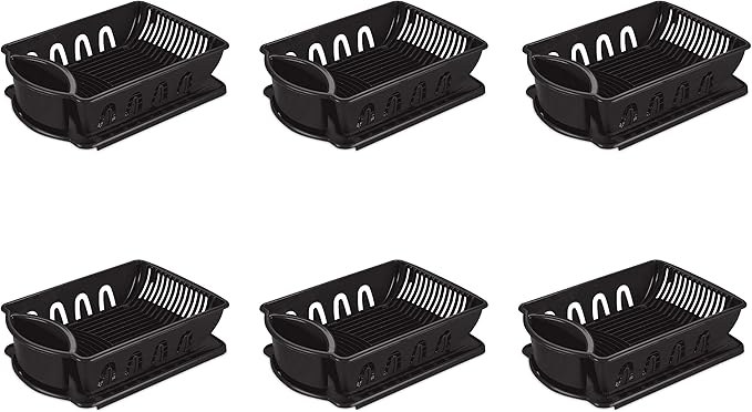 Sterilite Large 2 Piece Sink Set, with Drainboard for Drying, Holds Clean Dishes in the Kitchen such as Plates, Cups, and Silverware, Black, 6-Pack