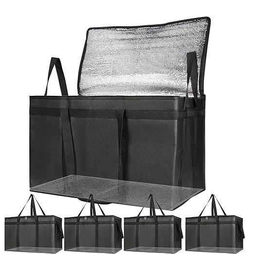 Bodaon 5-Pack Cooler Insulated Food Delivery Bag for Commercial Drivers, XXX-Large Thermal Bags for Catering/Hot Pizza, Travel/Camping/Picnic Basket, Grocery Reusable Warmer Frozen, Black, Hard Bottom