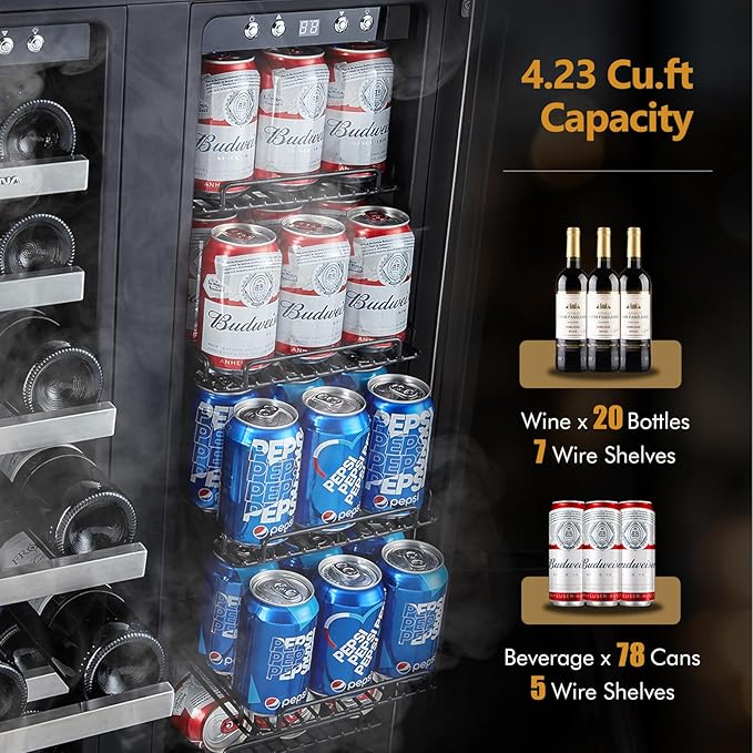 Phiestina Beverage Fridge, 24 Inch Wine and Beverage Refrigerator, Under Counter Wine Cooler- 20 Bottles & 76 Cans, Built-in/Freestanding Dual Zone with Glass Door