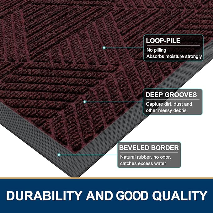 Smiry Front Door Mat Outside Entrance, Heavy Duty Sturdy Natural Rubber Doormat, Trap Dirt and Moisture, Easy Clean Low Profile Mats for Indoor Outdoor Entry, Irregular Triangle (47x32, Dark Red)