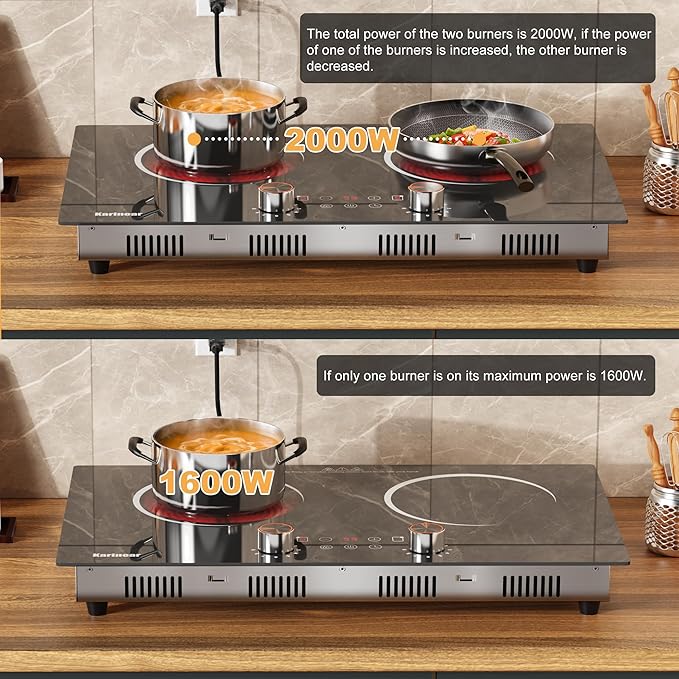 Karinear Electric Cooktop 2 Burner, 110V Electri Stove Top, 2000W Knob Control & Sensor Touch Electric Hot Plate for Countertop or Built-in Install, Timer, Safety Lock, 9 Power Level, 24 Inch