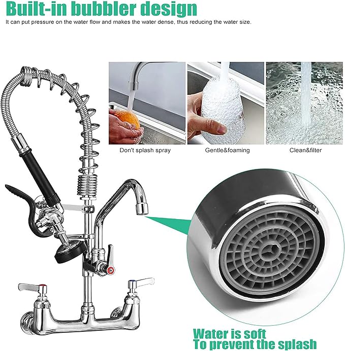 Commercial Faucet with Sprayer 21" Height 8" Center Wall Mount Kitchen Sink Faucet Brass Constructed Polished Chrome Pre-Rinse Device with Spring and 8" Add-on Spout