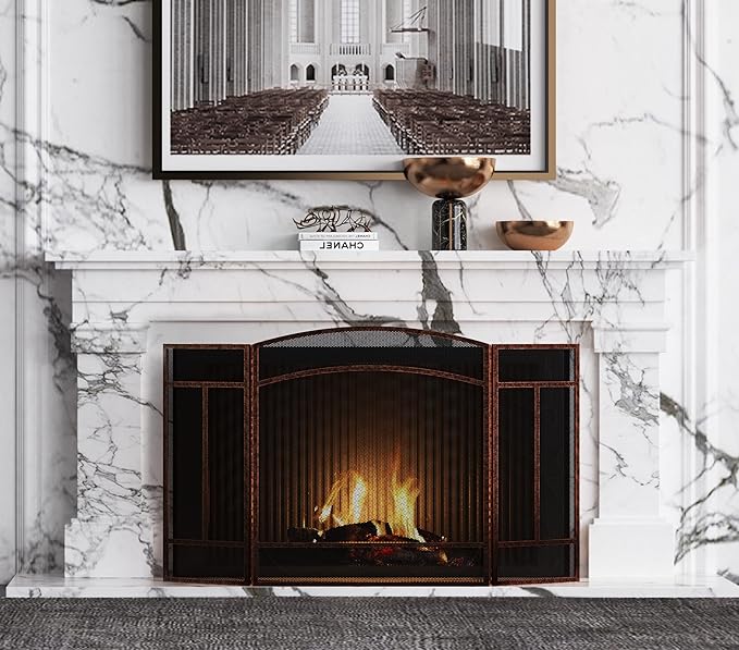Fire Beauty Fireplace Screen 3 Panel Wrought Iron 48"(L) x 29"(H) Spark Guard Cover(Brushed Copper)