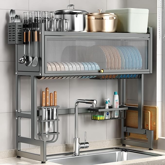 Over The Sink Dish Drying Rack with Cover, Over The Sink Dish Drainer Drying Rack 3 Tier Dish Rack, Keep Kitchen Sink Shlef Organized Space-Saving for Dishes and Cutlery (Matte Gray, 37.4" Length)