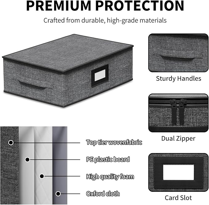 Aokeyee 2-Pack Mug & Cup Storage Box, Hard Shell Storage Container - Holds 24 Coffee Mugs, Teacups & Glasses, Stackable with Lid, Handles, Zippers & Label Slot, for Moving & Protection, Grey